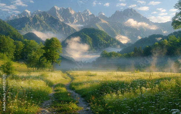 Obraz Beautiful landscape with fog and mountains. Created with Ai
