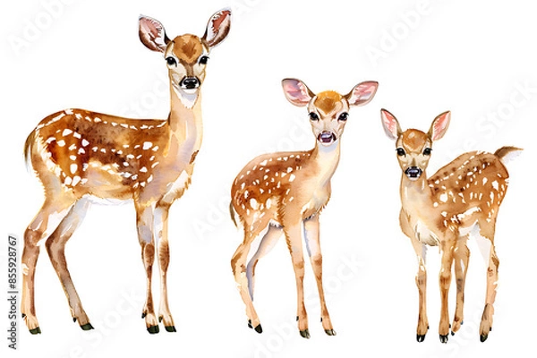 Obraz Watercolor painting realistic Set baby deers and mama doe on white background. Clipping path included.