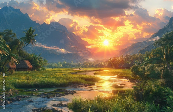 Obraz Sunset over the river, wounderful view. Created with Ai