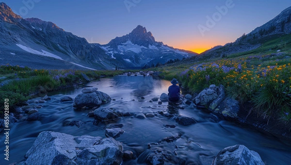 Obraz Beautiful sunset view in the lake with mountains. Created with Ai