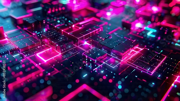Fototapeta Abstract LED light effect future tech with glare cubes digital CPU signal shining grid big data neon flare quantum computer network system magic code grid HUD lines web device blocks system