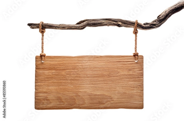 Obraz szyld z jasnego drewna wiszący na martwej gałęzi