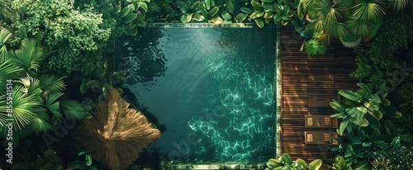 Fototapeta Bird's eye view of a luxurious hunting lodge in a thatched roof treehouse surrounded by lush greenery and an  swimming pool. 
