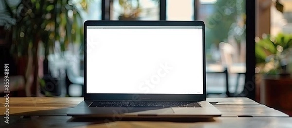 Obraz laptop computer showing blank screen on work table. Copy space image. Place for adding text and design