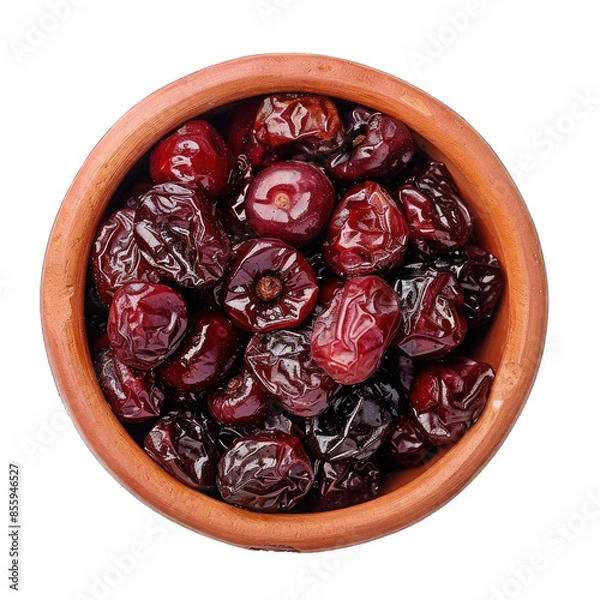 Fototapeta Dried Cherries in a Clay Bowl Flat Lay. Red Dried Cherries With Wrinkled Texture in a Brown Rustic Clay Bowl on .. Isolated on a Transparent Background. Cutout PNG.