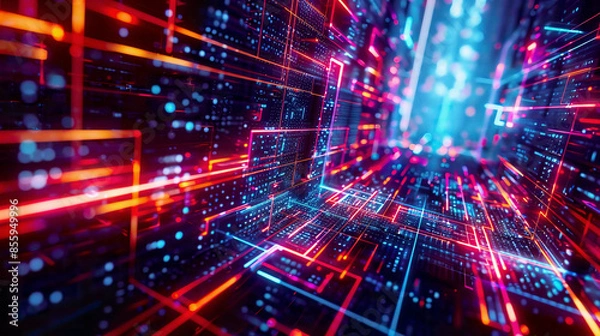 Fototapeta LED light effect futuristic abstract tech glare cubes digital CPU signal shining grid big data neon flare quantum computer network system magic code grid HUD lines web device blocks system