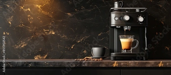 Fototapeta coffee machine and holder with coffee, freshly brewed coffee. Copy space image. Place for adding text and design
