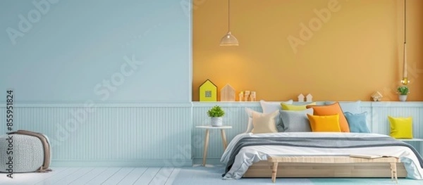 Fototapeta Comfortable bed in modern children room. Copy space image. Place for adding text and design