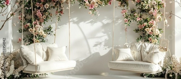 Fototapeta Beautiful decor of a swing of flowers, beautiful two armchairs for a photo. It's a beautiful room with flowers. Copy space image. Place for adding text or design