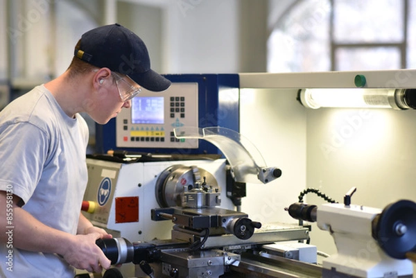 Fototapeta young apprentice in vocational training working on a turning machine in the industry