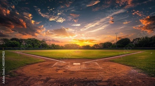 Fototapeta Golden Hour on the Baseball Field - Scenic Sunset Landscape with Copy Space for Text