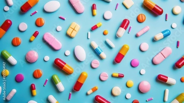 Fototapeta Assorted medication on colorful background