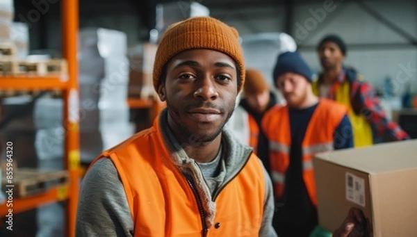 Obraz A streamlined assembly line, warehouse, industry, with copy space, using warehouse staff to label and prepare goods for dispatch