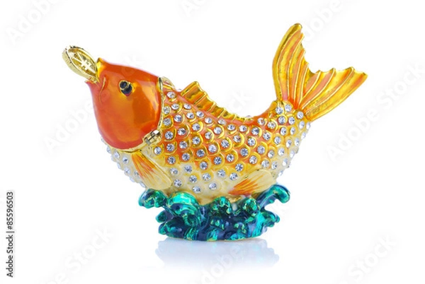 Fototapeta Colorful metal fancy carp have coin in mouth on white background