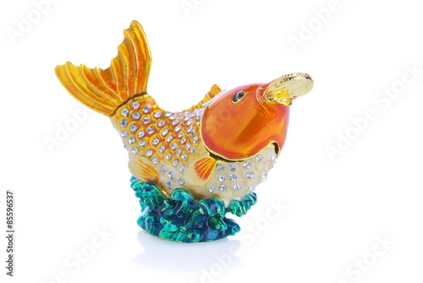 Fototapeta Colorful metal fancy carp have coin in mouth on white background