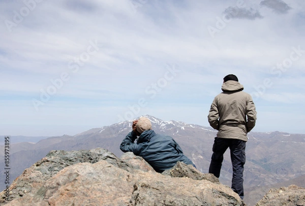 Fototapeta hiking, panoramic summit, nice views in high atlas morocco mountains