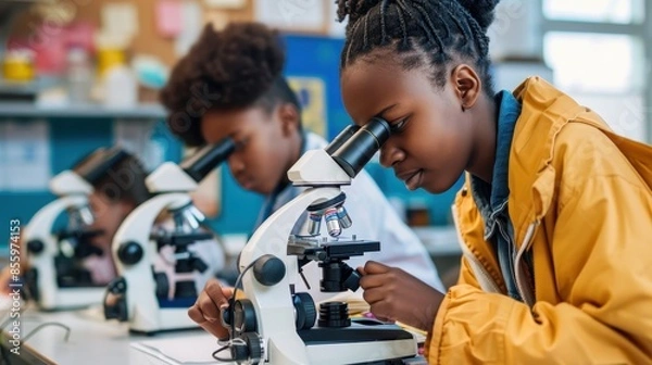 Fototapeta A student inspects a sample under a microscope in class