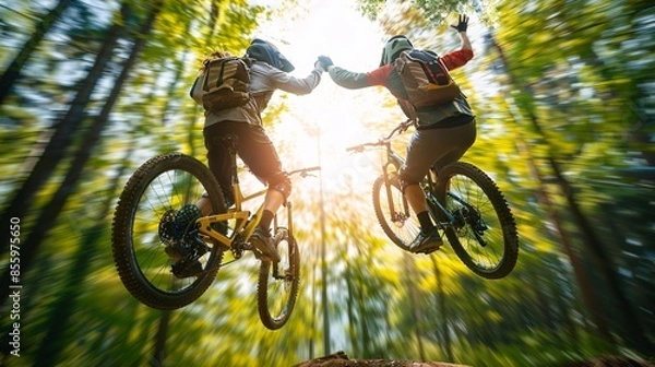 Fototapeta Two mountain bikers making a high five while jumping, capturing the thrill of adventure, teamwork, and exhilaration in an outdoor setting, highlighting the excitement and camaraderie of mountain bikin