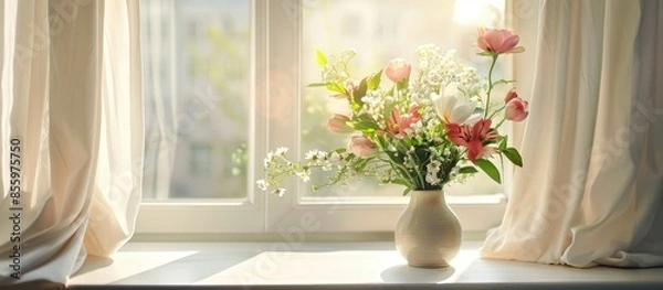 Fototapeta Vase with spring flowers on window sill. Copy space image. Place for adding text and design