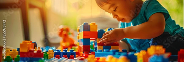 Fototapeta Young children engaged in building activities with blocks, highlighting the joy of play and early childhood education for use in family and learning-oriented media.