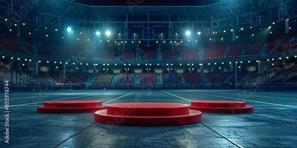 Fototapeta Red Olympic Podiums on a Track in a Stadium with Spectators and Mountainous Backdrop, Capturing the Spirit of Athletic Achievement.	