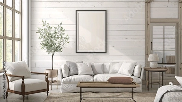 Fototapeta Empty poster frame on a wall in a farmhouse-style living room with shiplap walls