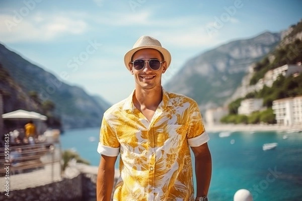 Obraz A man wearing a yellow shirt and a straw hat is smiling at the camera