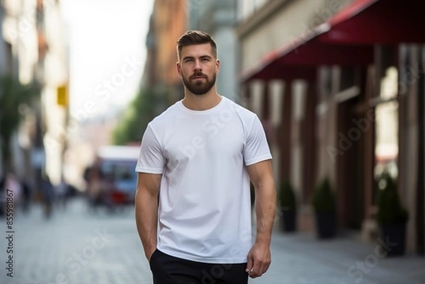 Obraz A man in a white shirt is walking down a street