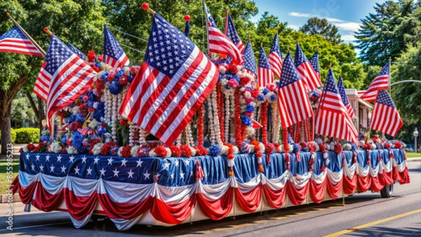 Fototapeta Patriotic 4th of July Parade Float with American Flags and Decorations
