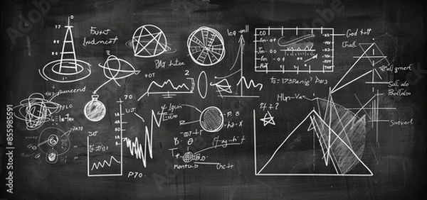 Fototapeta Engineering drawing on chalkboard of physical and mathematical sciences