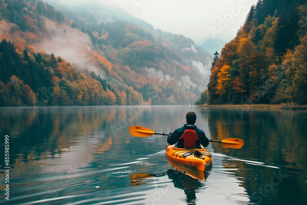 Obraz Rear View Kayaking Adventure in Autumn. Man kayaking on a calm lake surrounded by autumnal forest and fog.