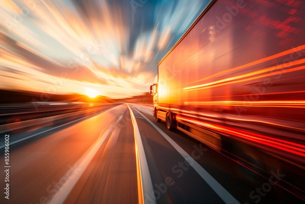 Obraz Dynamic Sunset Highway Truck Motion. Blurred motion of a truck on highway at sunset, implying speed in logistics and transportation.