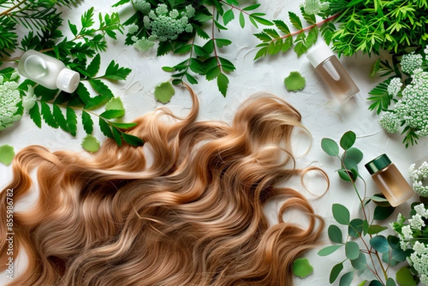Obraz Top View of Wavy Hair with Botanicals. Top view of wavy brunette hair with green foliage and beauty products.