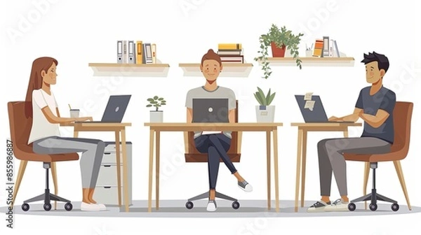 Fototapeta Office workers are sitting at desks, communicating with each other. Business Concept illustration. Editable flat graphic vector illustrations isolated on white background