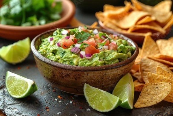 Fototapeta A bowl of creamy guacamole surrounded by tortilla chips and lime wedges. 