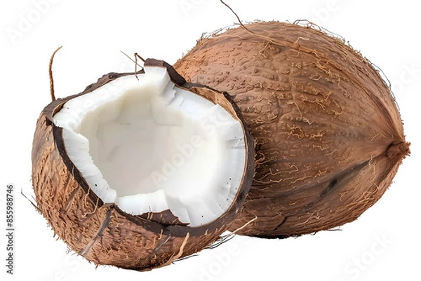 Fototapeta Old coconut with half on isolated transparent background.