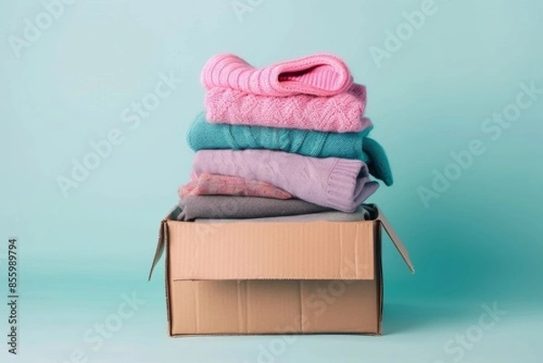 Fototapeta Box of clothes on pastel background, donation and reuse concept