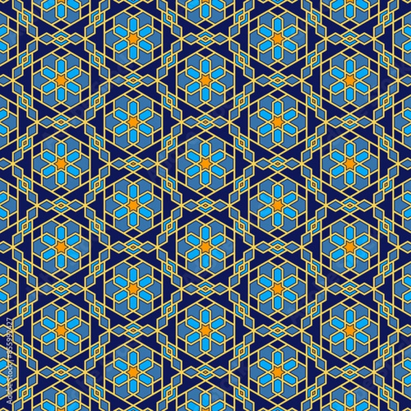 Fototapeta Colorful seamless geometric pattern with traditional arabic linear. Versatile design for various creative projects, suitable for Islamic decorative arts, tiles, textiles, backdrops, wallpapers, etc.