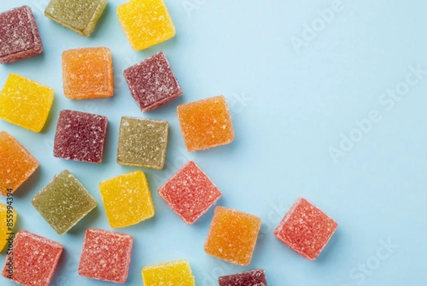 Obraz Assorted jelly candies on blue background, top view.