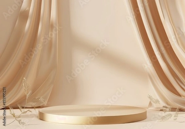 Fototapeta Product Stand background design with geometric shapes floating in the air for advertising 3D renderings in rose gold