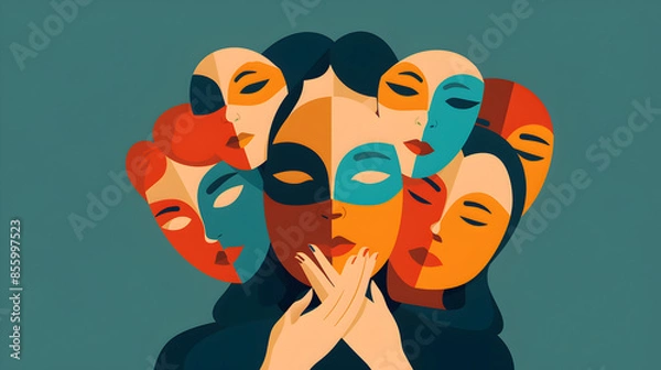 Fototapeta A person holding a mask with different expressions, symbolizing the complexity of hiding emotions, illustration.


