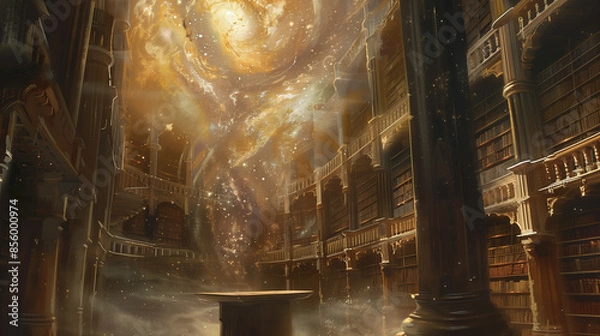 Fototapeta Golden Library with Starry Sky