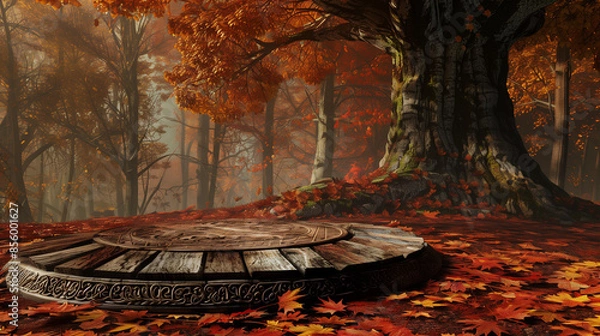 Fototapeta Enchanted Autumn Forest with Ancient Wooden Platform