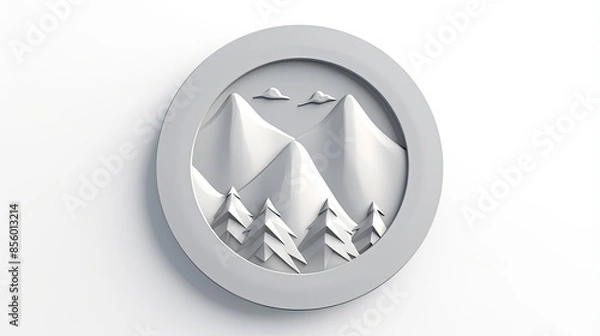 Fototapeta Gray 3D mountains with clouds and pine trees in a round frame on a white background.
