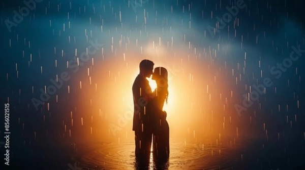 Fototapeta A couple shares an intimate embrace in the rain, backlit by warm light, creating a romantic and cinematic atmosphere.