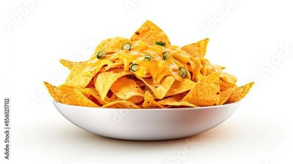 Fototapeta A bowl of delicious nachos with melted cheese and jalapenos. The perfect snack for any occasion.