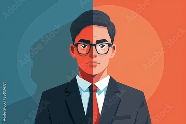 Fototapeta Illustration of a business professional in split color background, symbolizing duality, choices, and contrasting perspectives.