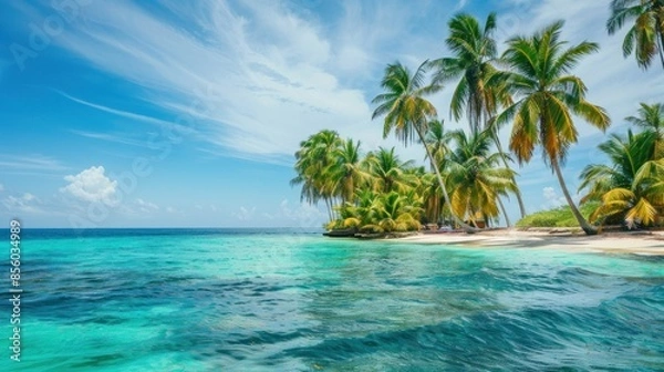 Fototapeta A stunning tropical island with palm trees swaying in the breeze and turquoise waters lapping at the shore. 