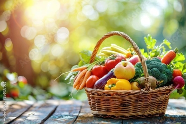 Fototapeta Abundant Harvest A Vibrant Array of Fresh Vegetables and Fruits Artfully Presented in a Wicker Basket on a Rustic Wooden Table, with a Sunlit Garden in the Background