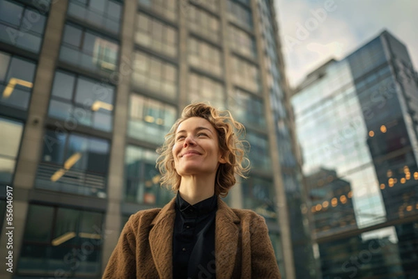 Fototapeta Confident woman with short curly hair smiling brightly in front of a modern office building, radiating joy and optimism